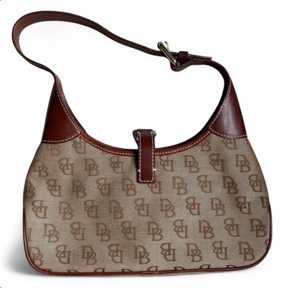 Dooney & Bourke Small Tan & Brown DB Monogram Logo Crescent Hobo - Picture 2 of 9